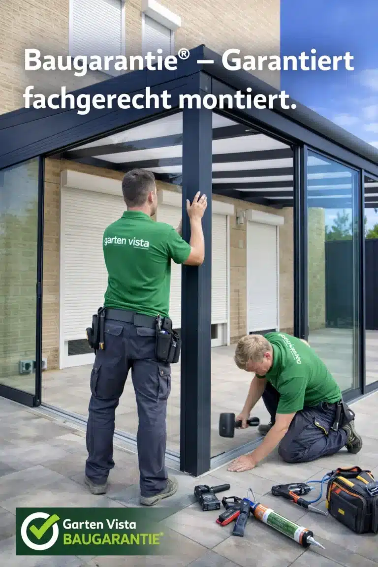 Fachgerechte Montage einer Terrassenüberdachung mit Glasschiebewänden durch Garten Vista in NRW mit Baugarantie